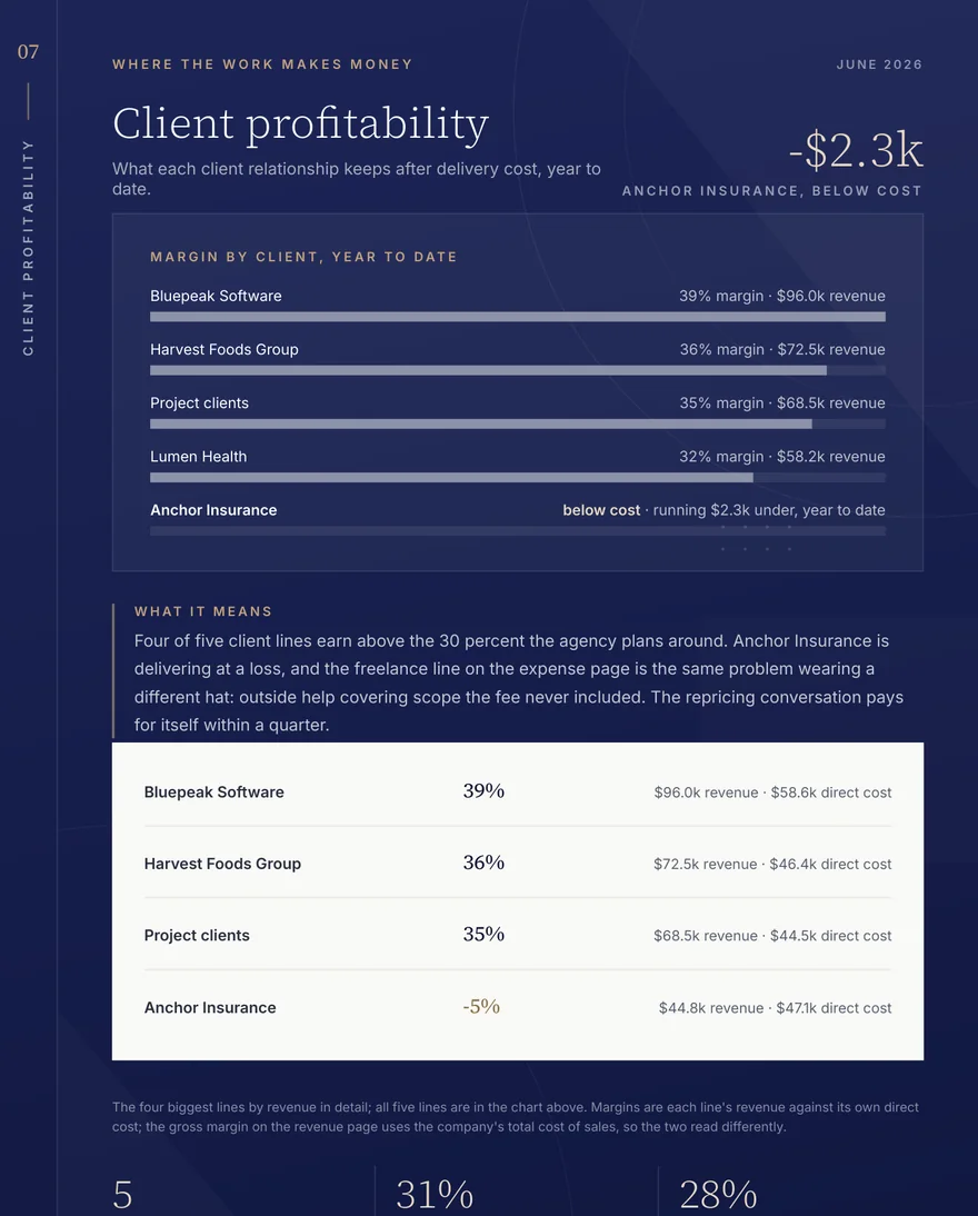 Sample Insight Report page: client profitability for a creative studio